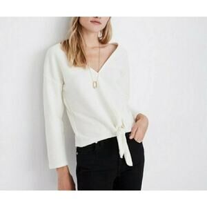 Madewell Texture & Thread Ribbed Shirt Size Small V-neck Cream Cropped Tie